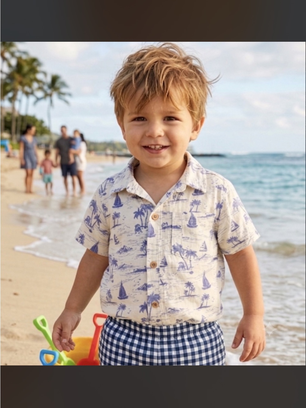 Toddler boy cream color button down with blue sailboats & palm trees